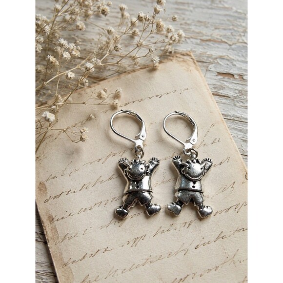 Estate Jewelry - Vintage Silver Tone Happy Child Figural Dangle Leverback Earrings